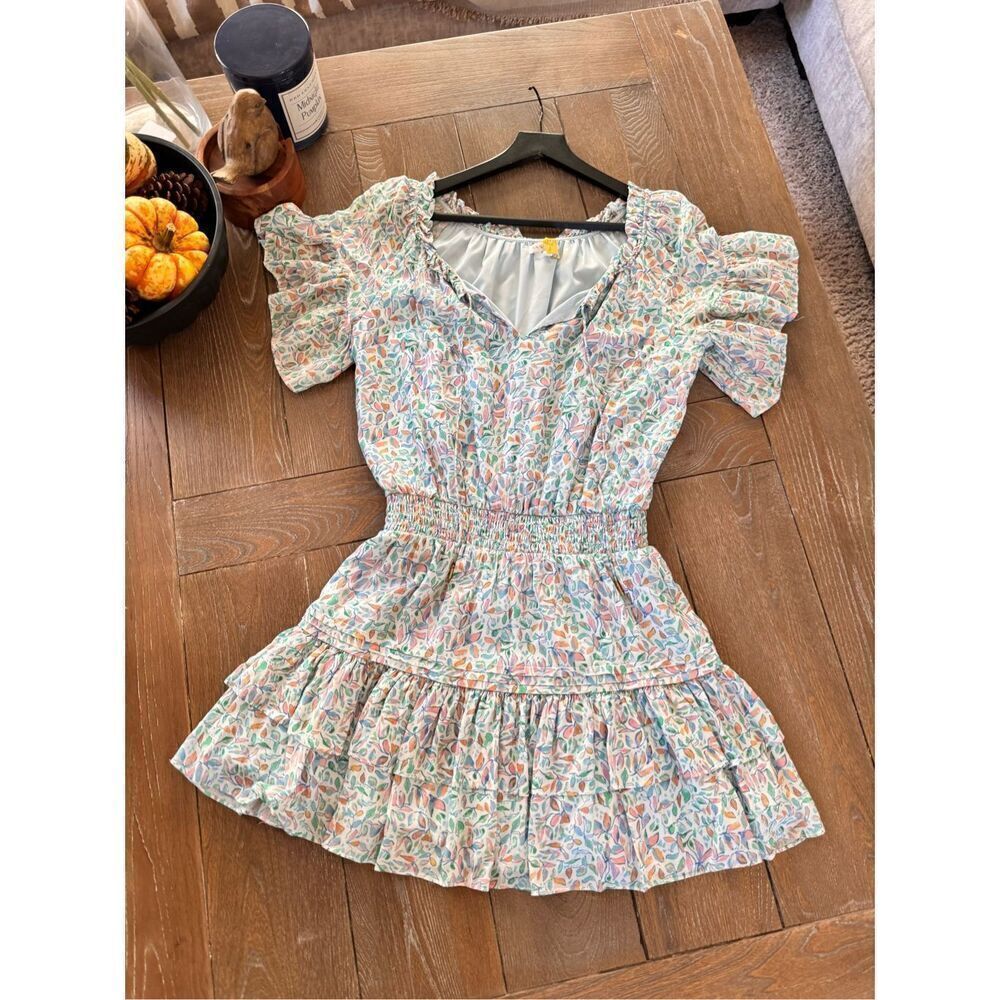 Anna Cate Mini Dress Womens Blue Multi Leaf Print Smocked Small (T2)